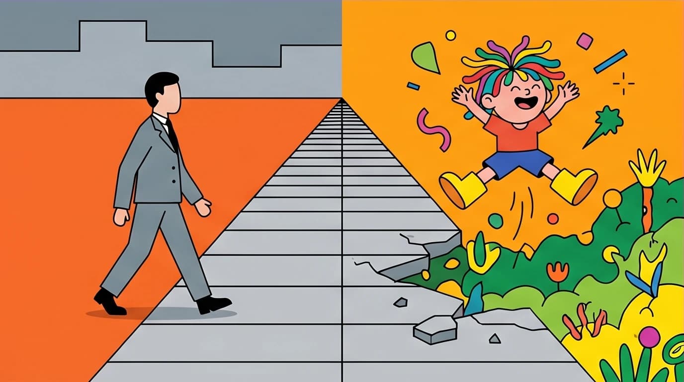 An artistic take on the Where the Sidewalk Ends summary, contrasting the rigid adult world with the vibrant, creative world of childhood imagination.