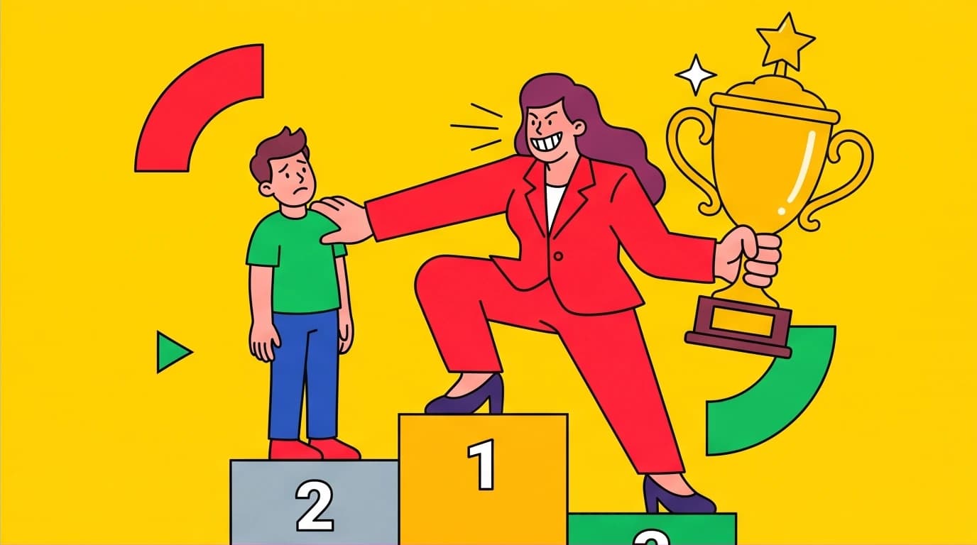 A narcissistic mother competing with her child for a trophy, stealing the spotlight in a toxic parenting dynamic.
