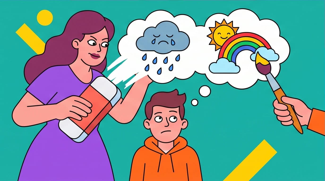 An image depicting gaslighting, where a narcissistic mother rewrites her child's memories, a form of severe emotional abuse.