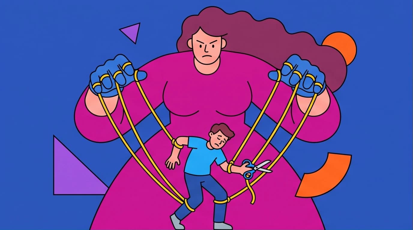 Illustration of a narcissistic mother controlling her adult child like a puppet, a key sign of toxic parenting and emotional abuse.