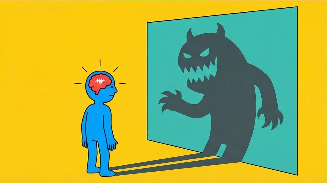 Illustration of overthinking psychology, showing how the brain's amygdala creates a stress loop from imagined, catastrophic fears.