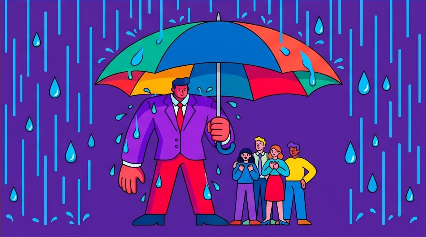 A visual metaphor for 'Leaders Eat Last' where a leader shields their team from rain, a powerful Simon Sinek quote on empathy and sacrifice.