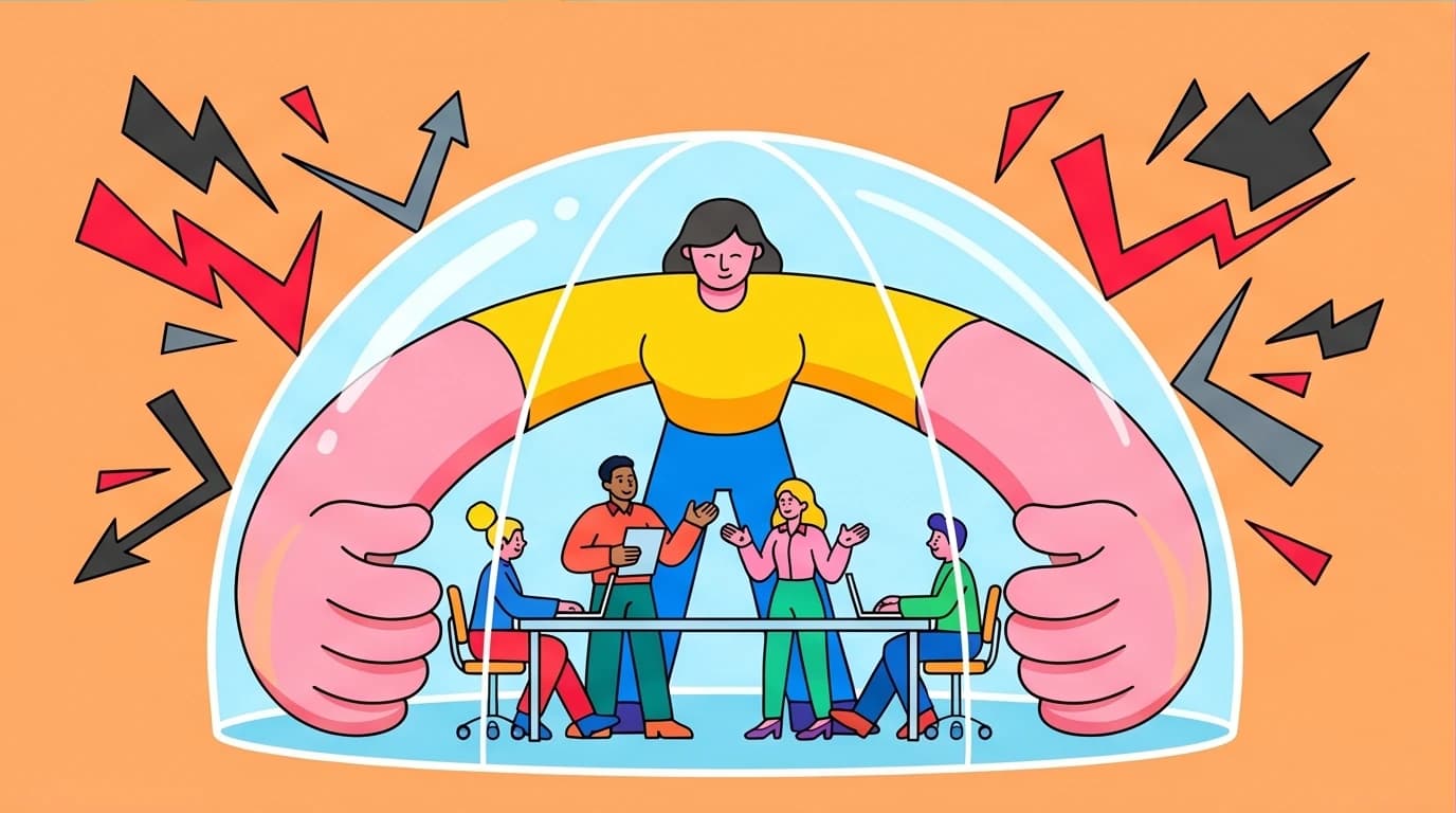 A leader creates psychological safety and trust by forming a protective dome over their team, inspired by Simon Sinek's quotes on teamwork.