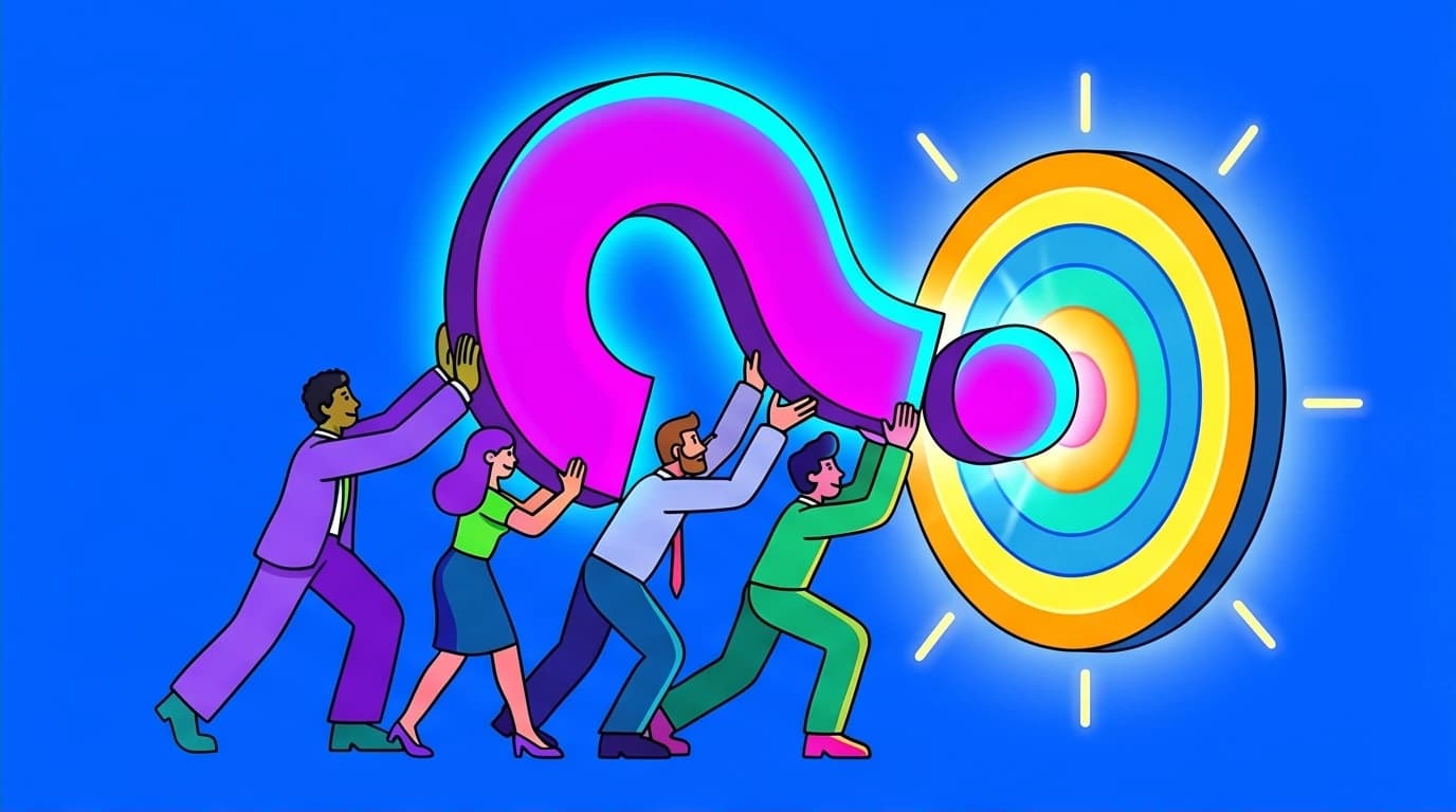 A team aligns on their core mission by pushing a giant question mark, illustrating Simon Sinek's 'Start With Why' leadership concept of purpose.