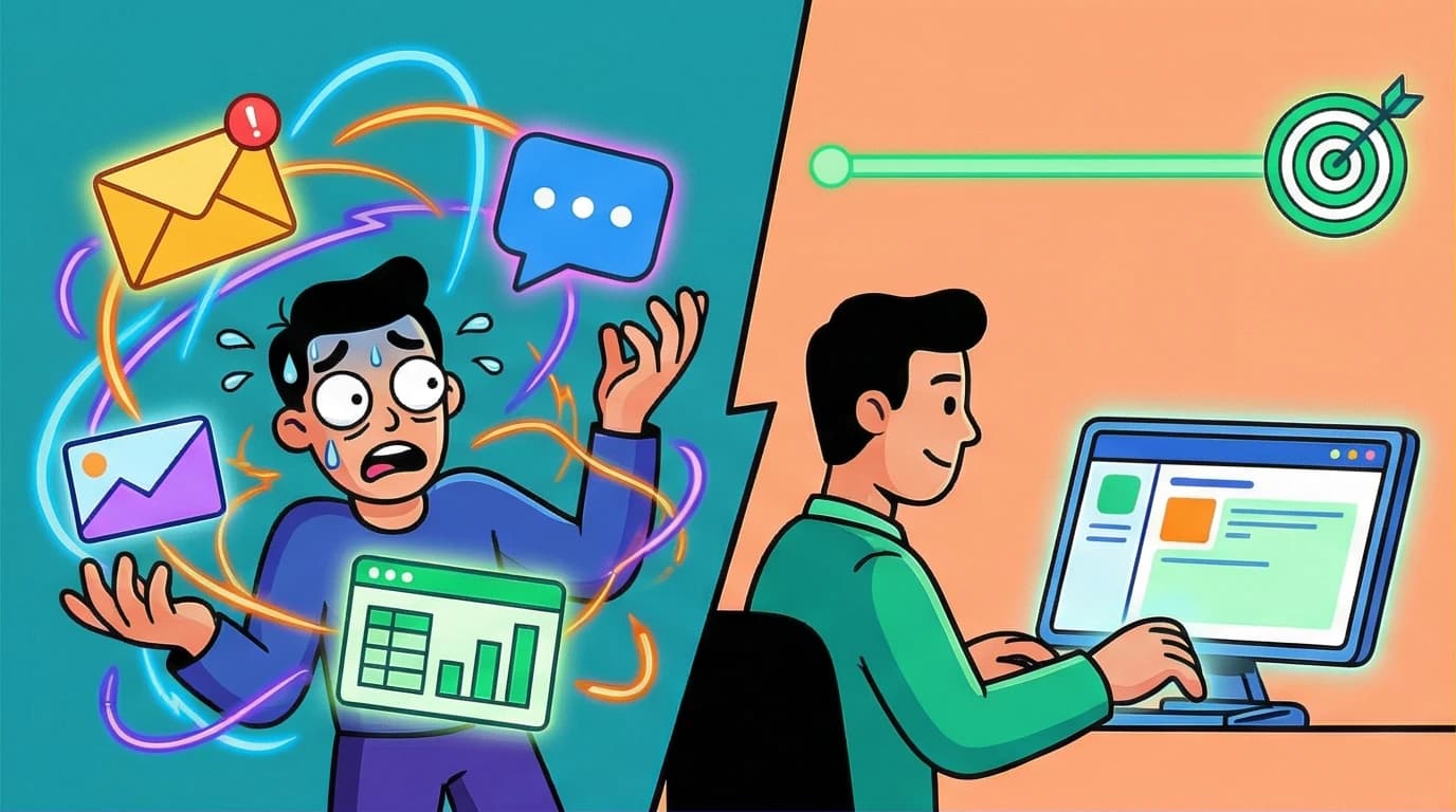 An illustration comparing the chaos of multitasking with multiple apps vs the calm focus of single tasking, highlighting benefits for productivity.