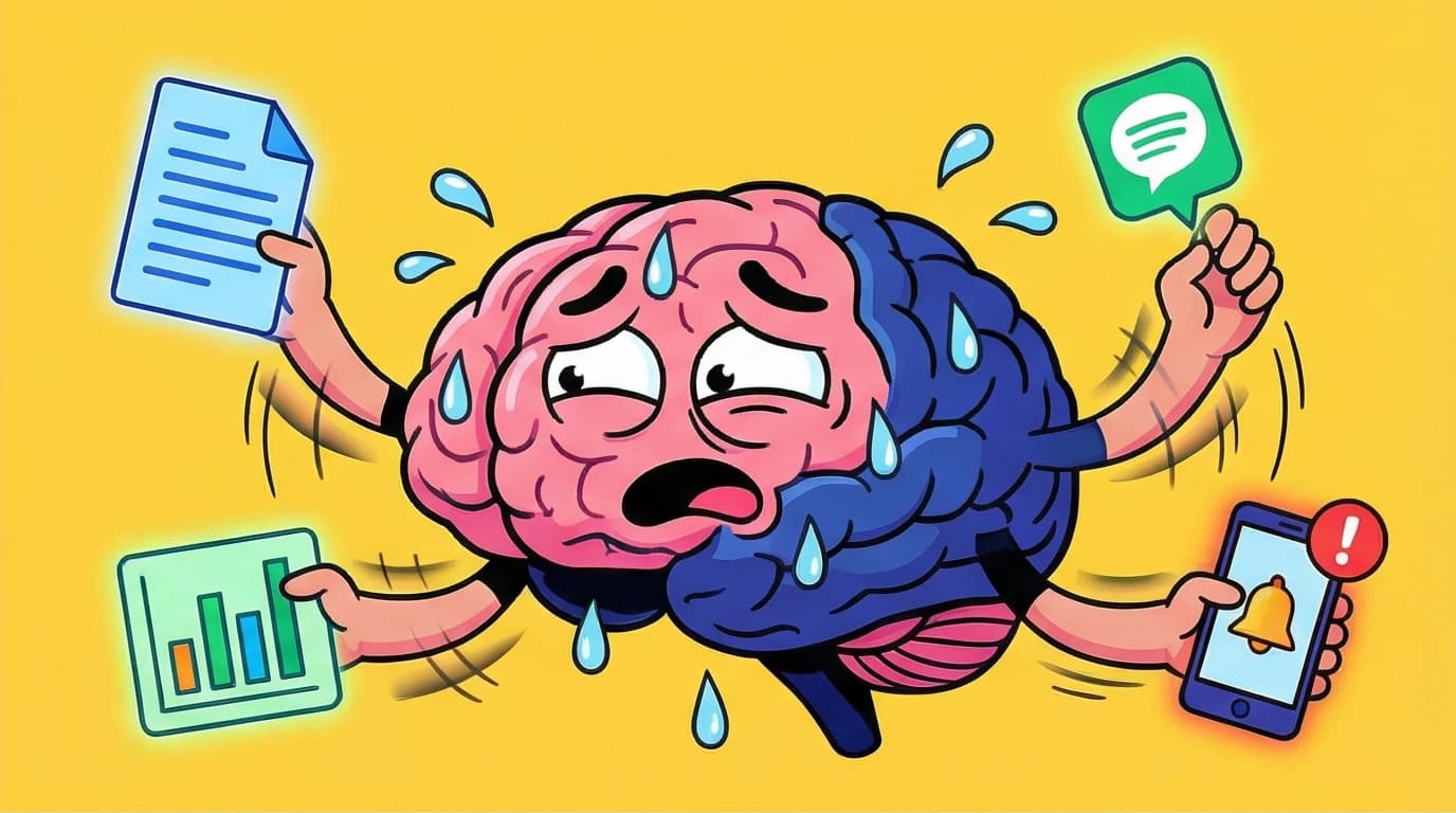 A conceptual illustration of a brain frantically task switching between different work icons, demonstrating the biological myth of multitasking.