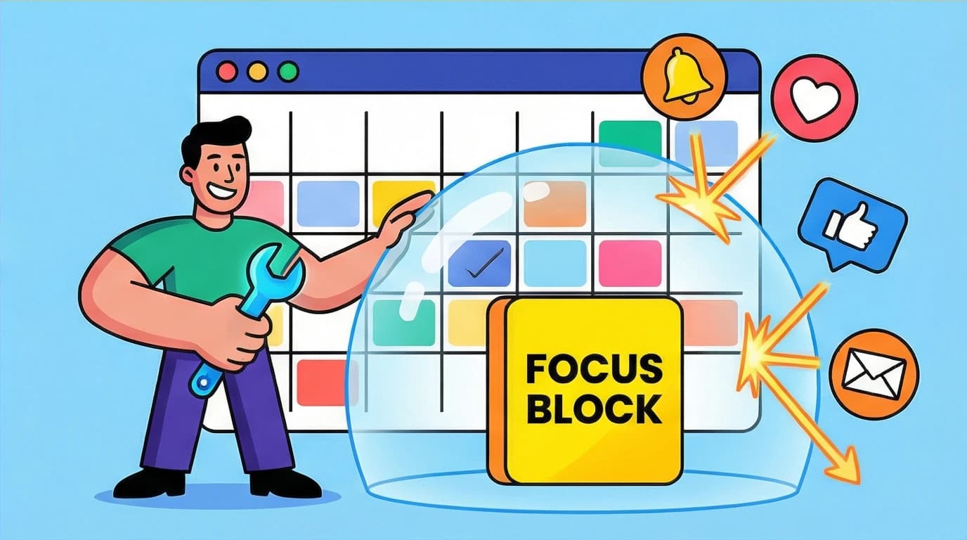 An illustration of a person using time blocking on a calendar to create a protected space for focused single tasking and better work.