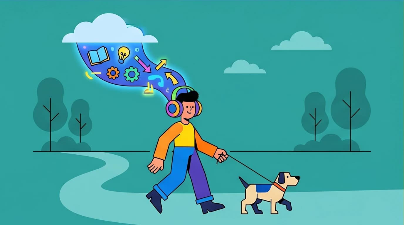 A person learning via audio through headphones while walking, an efficient Skillshare alternative for busy professionals on their commute.