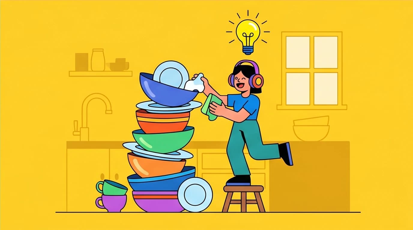An illustration of habit stacking, where a person learns from an online platform while doing chores, a key strategy for busy professionals.