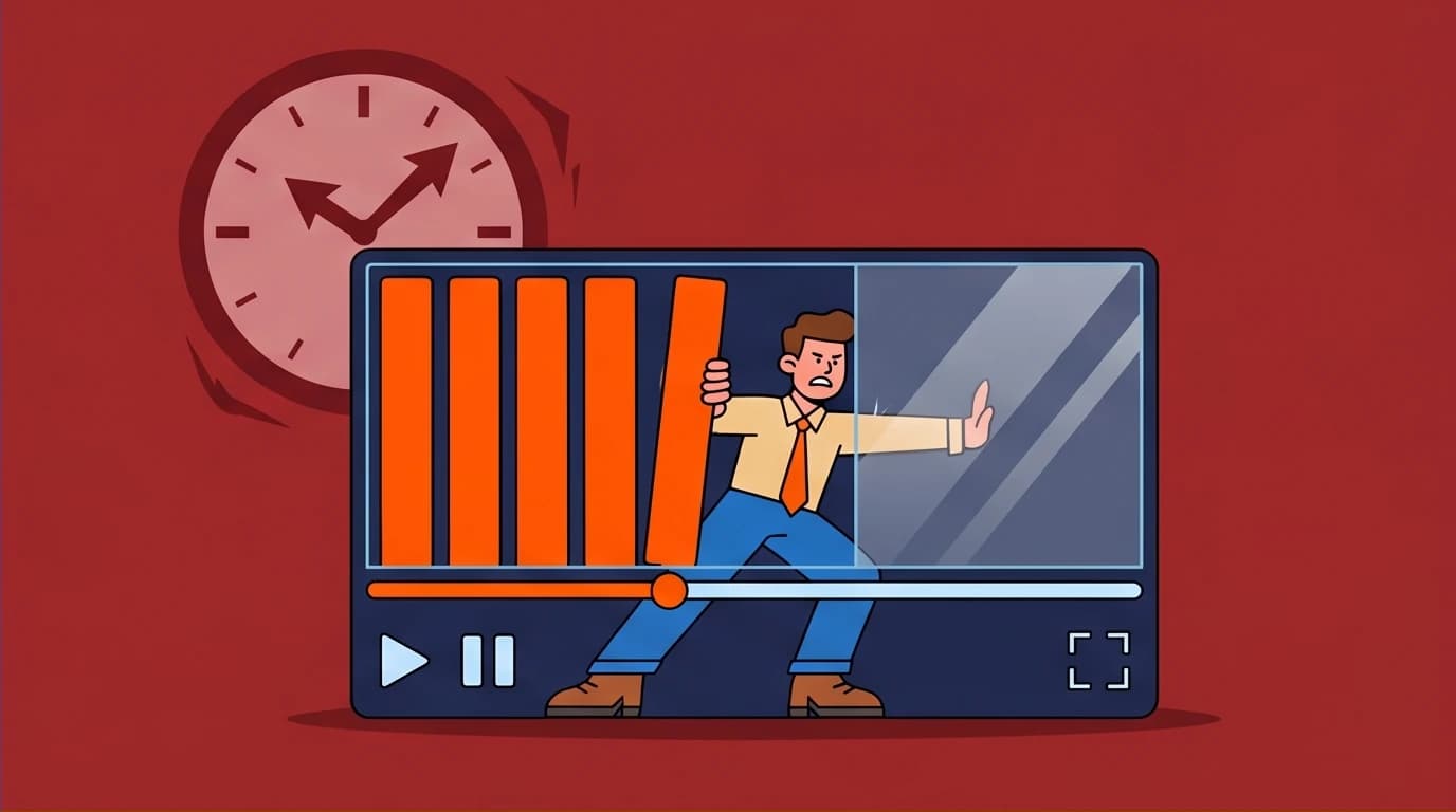 A professional trapped in a video player, symbolizing the time trap of some online learning platforms and the need for a Skillshare alternative.