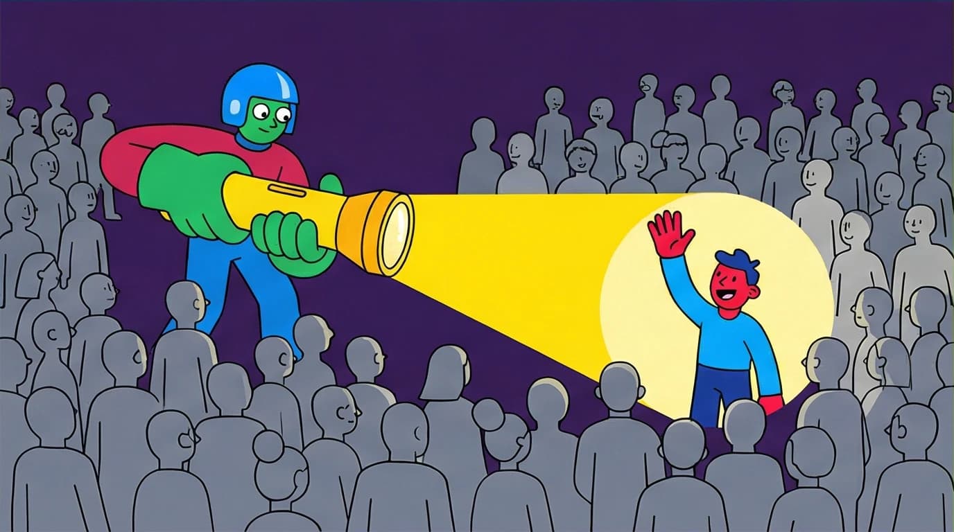 A character scanning a crowd with a spotlight to find one person, a metaphor for finding a specific fact quickly within a text.