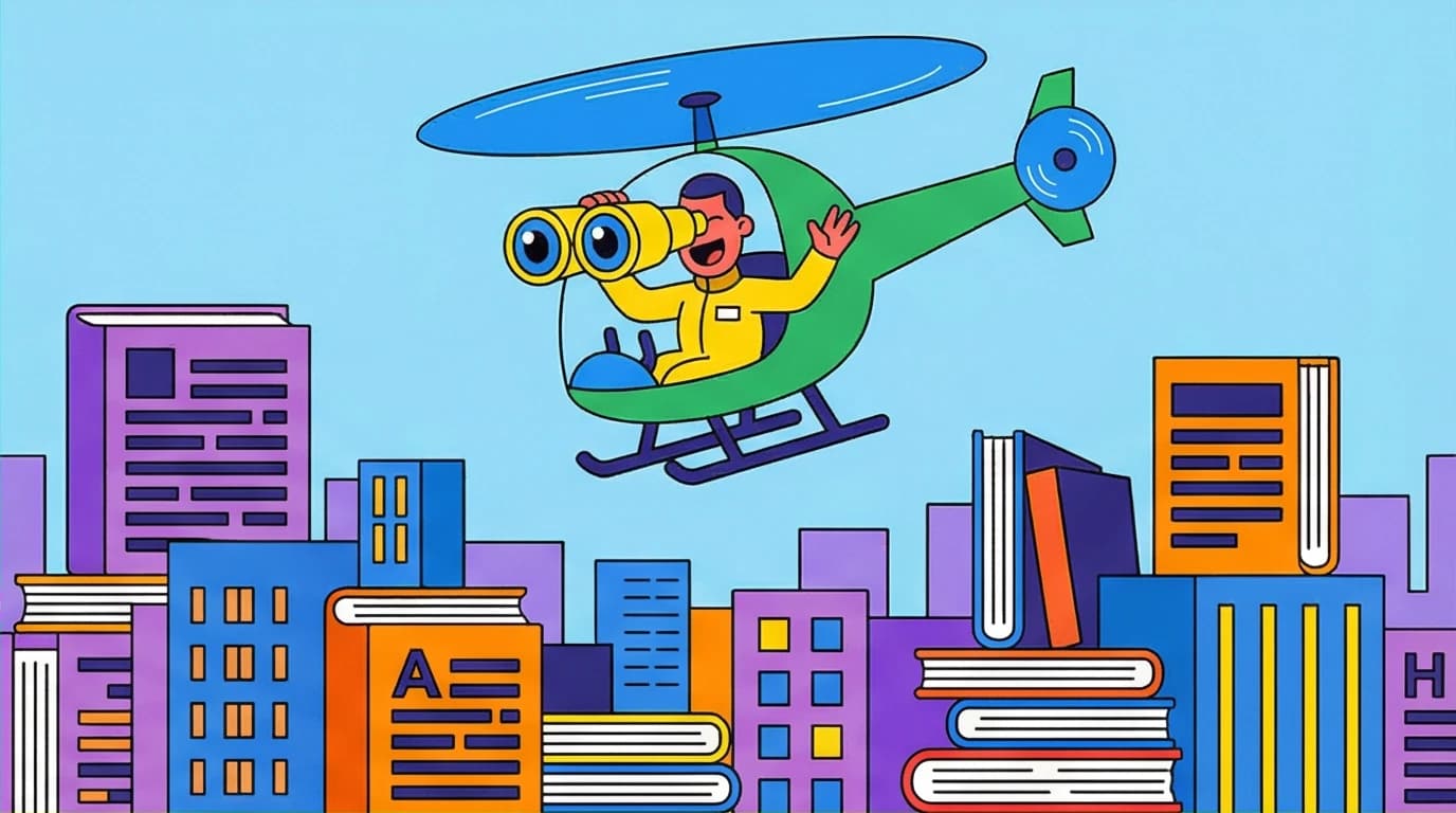 A person in a helicopter skimming over a city of books, visualizing the technique of reading for the main idea and overall gist.