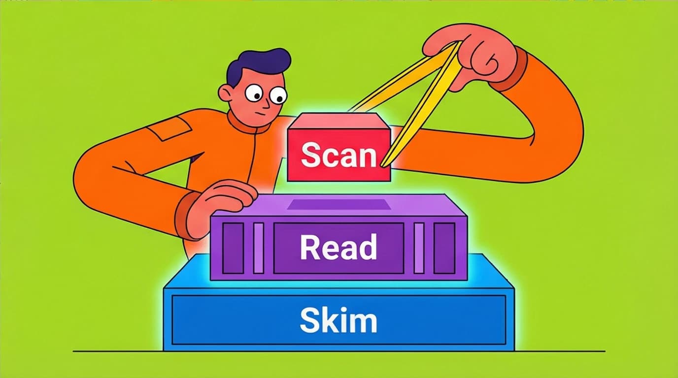 A visual of the strategic reading workflow, showing how skimming, reading, and scanning combine to improve overall reading comprehension.