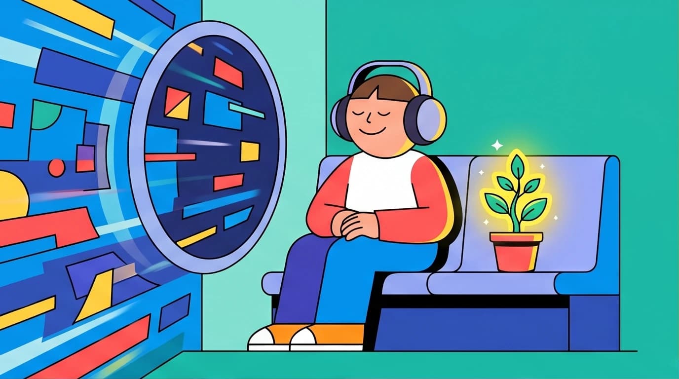 An illustration of a person finding calm by listening to a 'Make Life Better Slowly' book summary on a chaotic commute, promoting mental wellness.