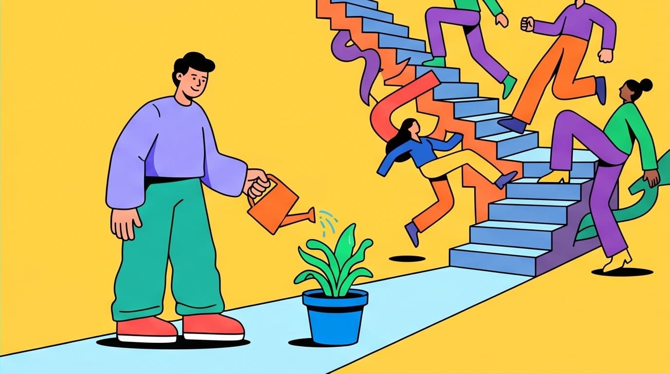 A character moving at their own pace, visualizing anxiety relief from the 'Make Life Better Slowly' book summary by ignoring the societal race.
