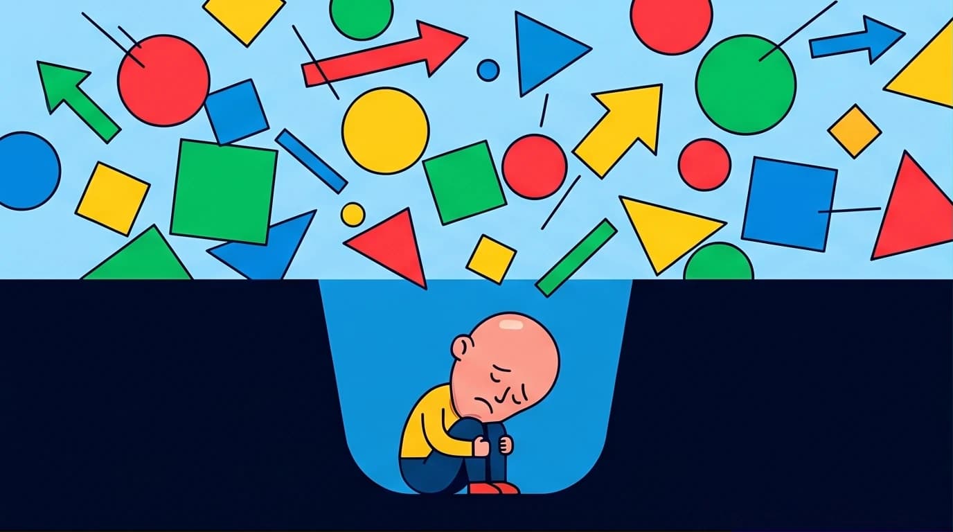 An illustration of a person feeling stuck in a low emotional state, a key step in the healing journey of making life better after a breakup.