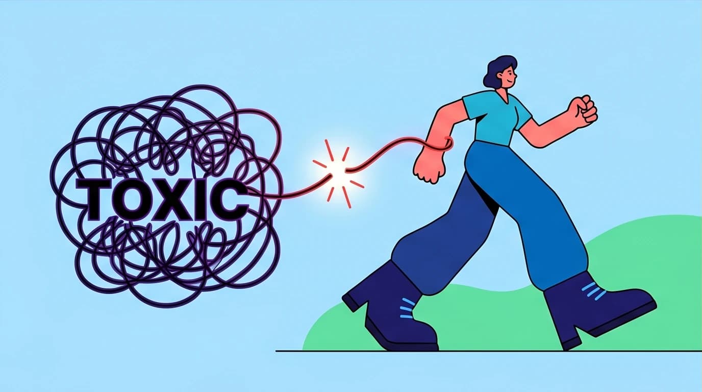 A character walks away from a dark shape, symbolizing leaving a toxic relationship and finding self-respect.