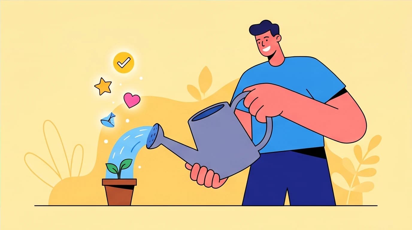 A person waters a small plant, showing how micro-accomplishments lead to growth, a key theme in 'making life better slowly'.