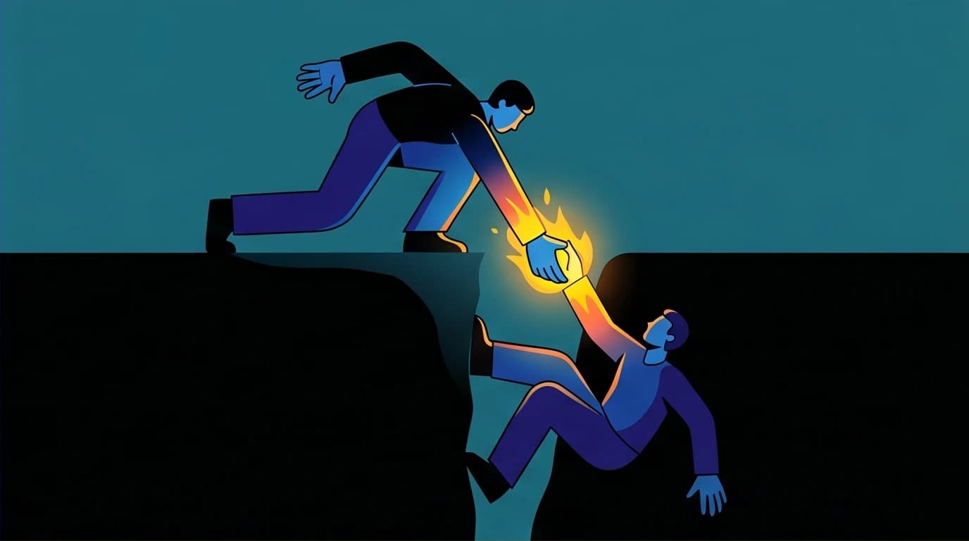 A person pulls themself from a dark place, a metaphor for self-compassion inspired by healing quotes for anxiety.