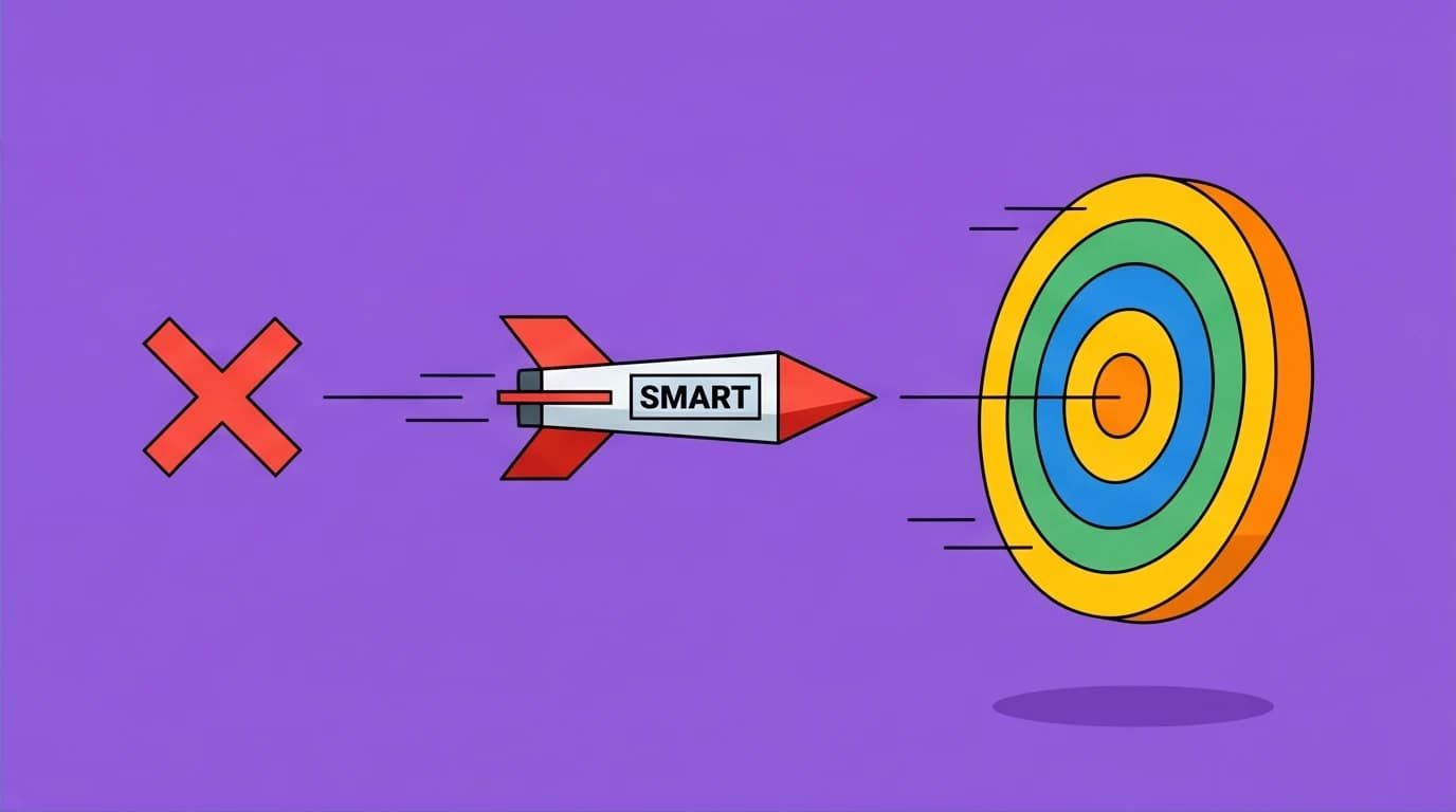 A visual metaphor for the flaw of linear SMART goals: a missile flying on a fixed path, missing a target that has moved, highlighting the need for readjustment.