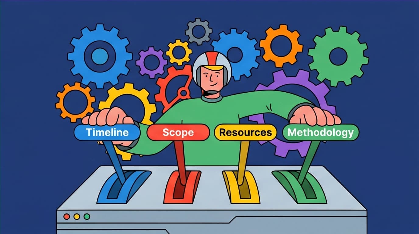 A person at a control panel adjusting levers for 'Timeline', 'Scope', 'Resources', and 'Methodology' when upgrading SMART goals to a SMARTER system.