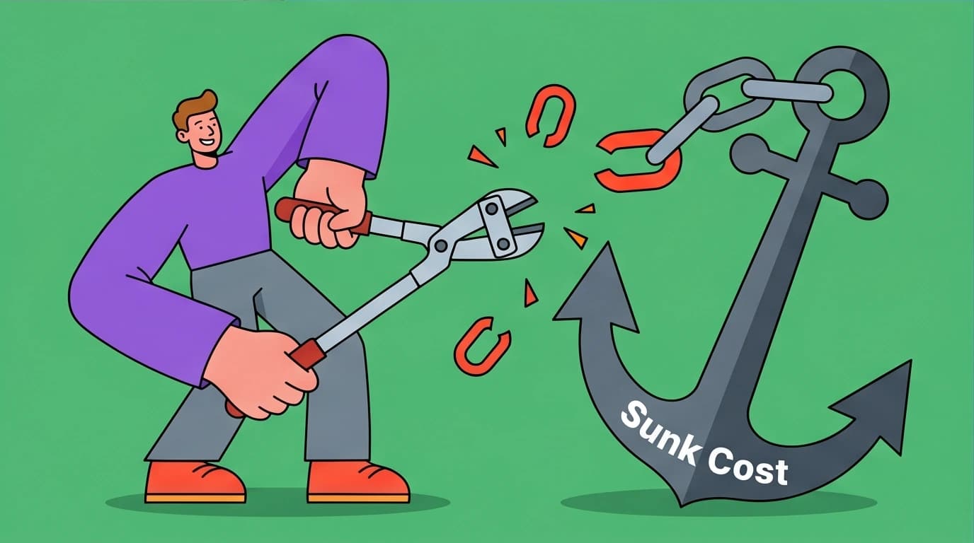 Illustration of why SMARTER goals are better, showing a person breaking free from a 'sunk cost' anchor, symbolizing the ability to pivot from failing strategies.