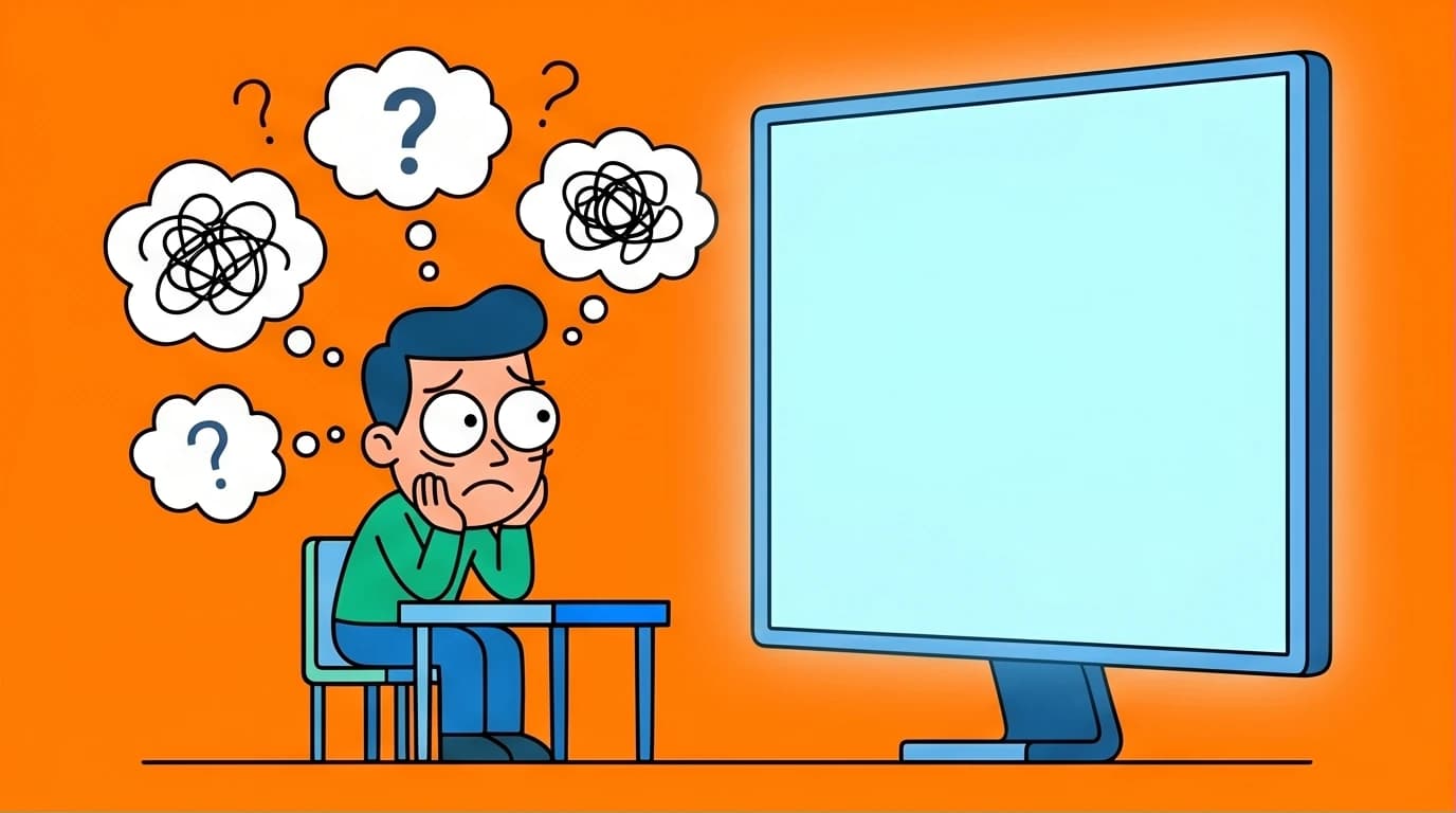 An illustration showing a person feeling overwhelmed by a blank document, representing the difficulty of writing an annual plan without a SMARTER goals framework.