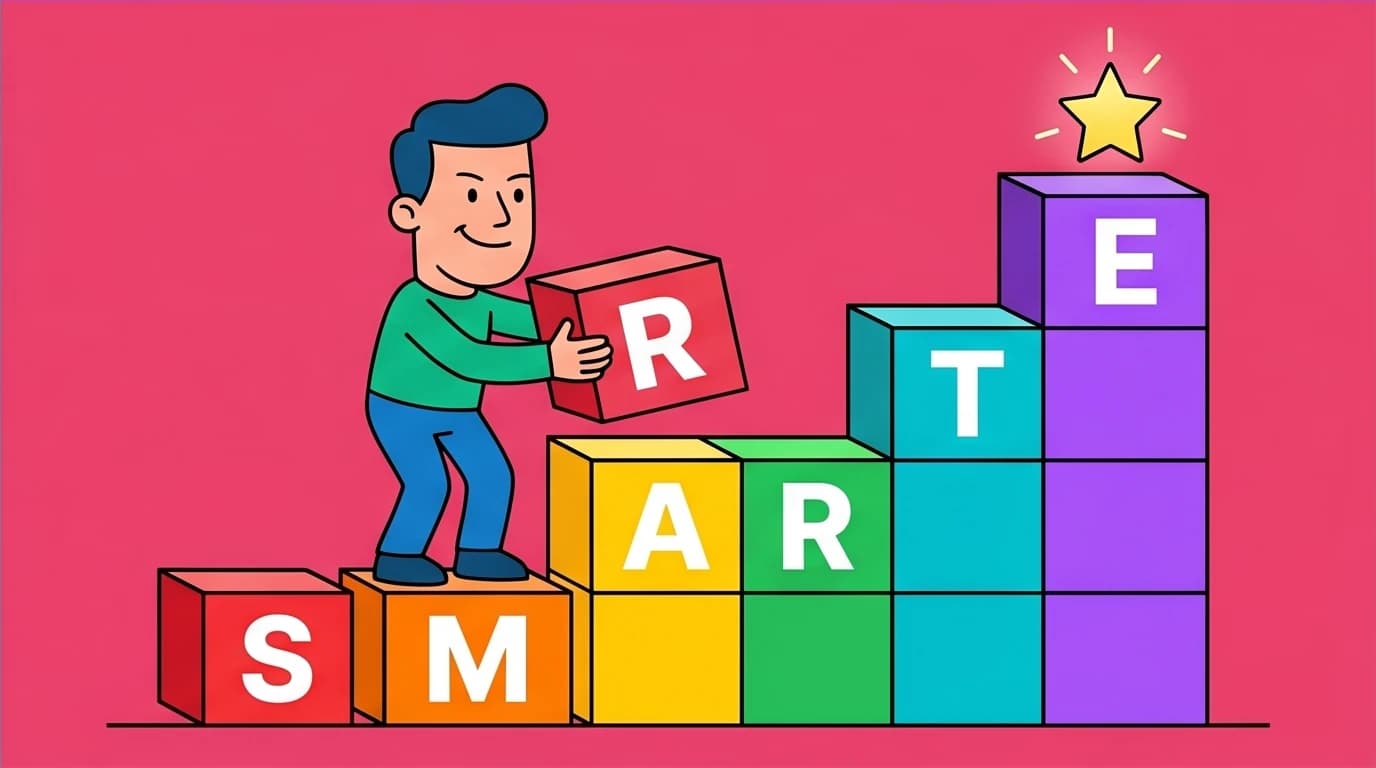 A person building a clear path to success using colorful blocks labeled with the SMARTER goals acronym, representing a step-by-step goal-setting template.