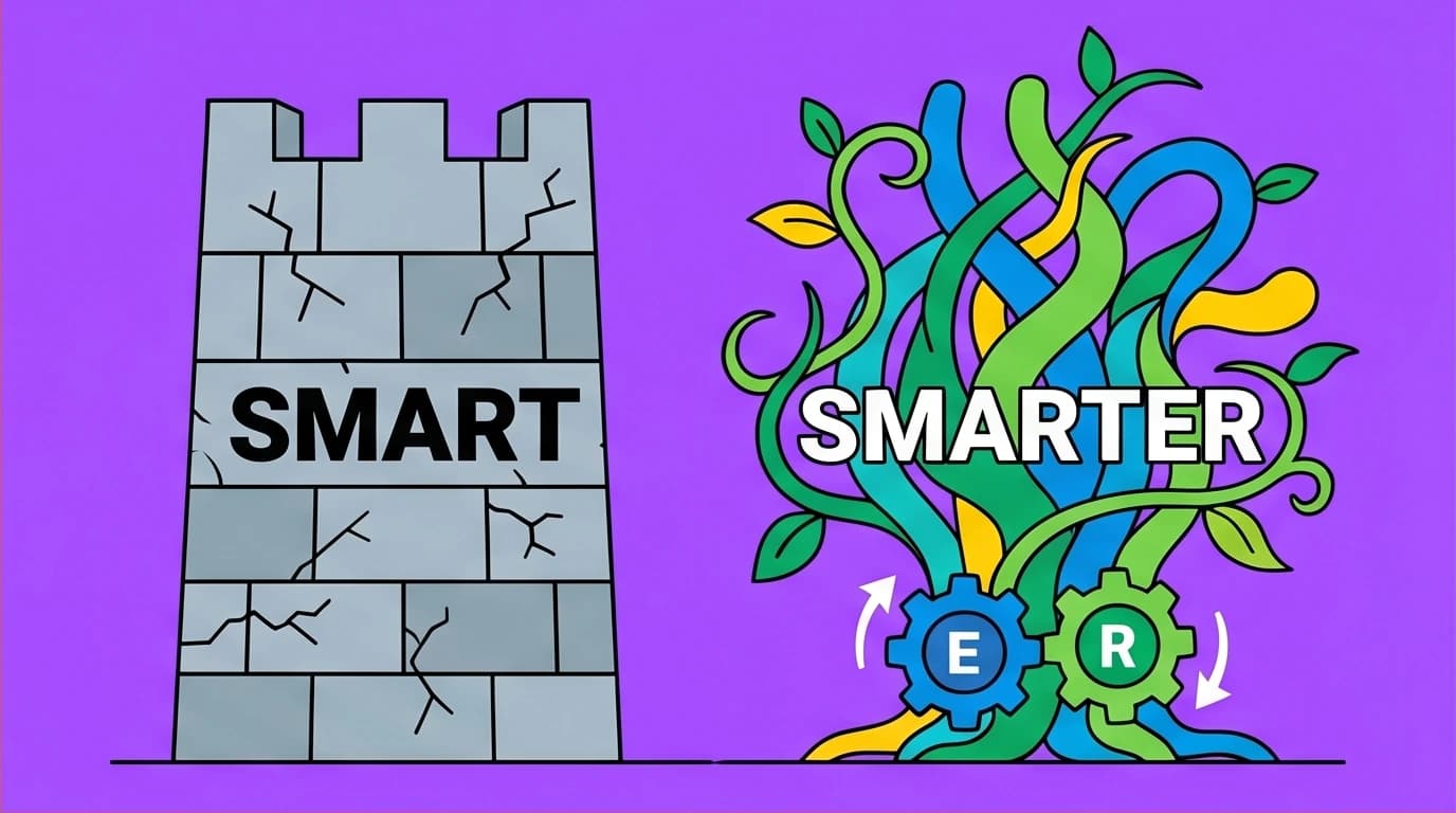 A visual comparison between a rigid, cracking SMART goals block and a flexible, growing SMARTER goals plant, highlighting the 'Evaluate' and 'Readjust' steps.