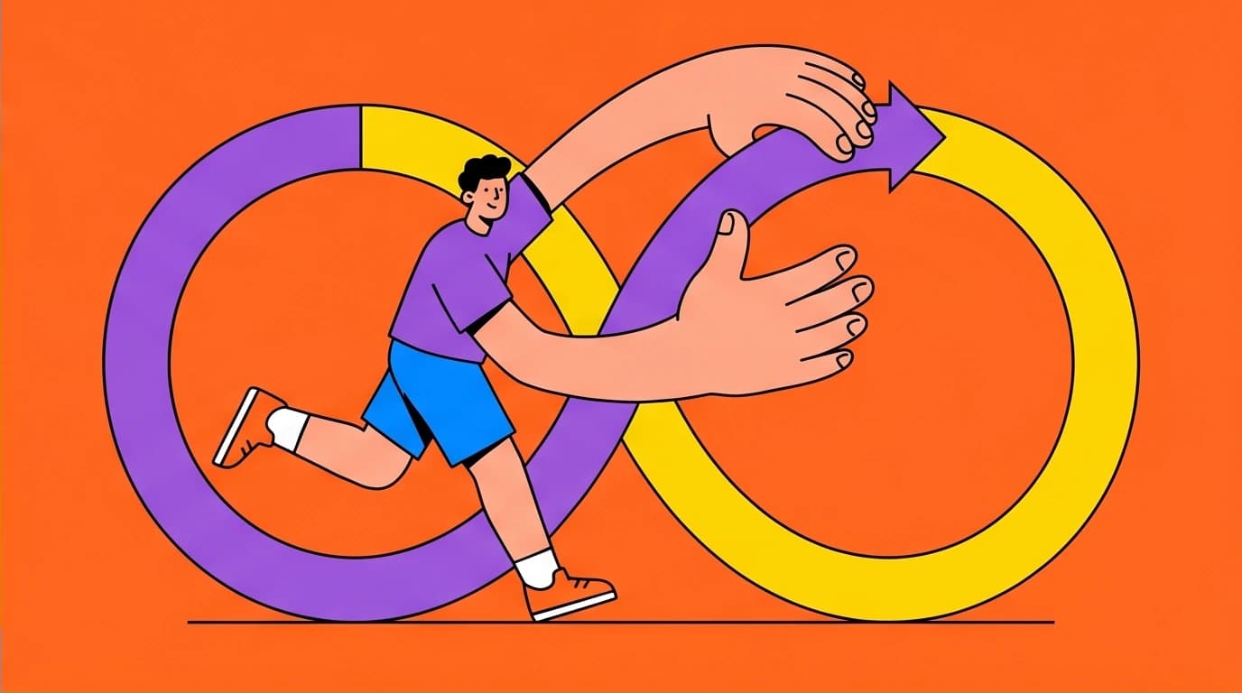 Illustration of the evaluate and readjust loop in the SMARTER goals method, showing a person actively changing their path to success.