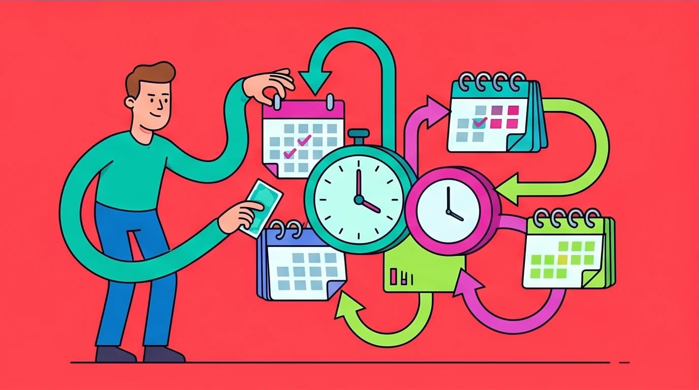 Illustration of a person building a system of feedback loops with calendars and clocks for creating SMARTER objectives step-by-step.