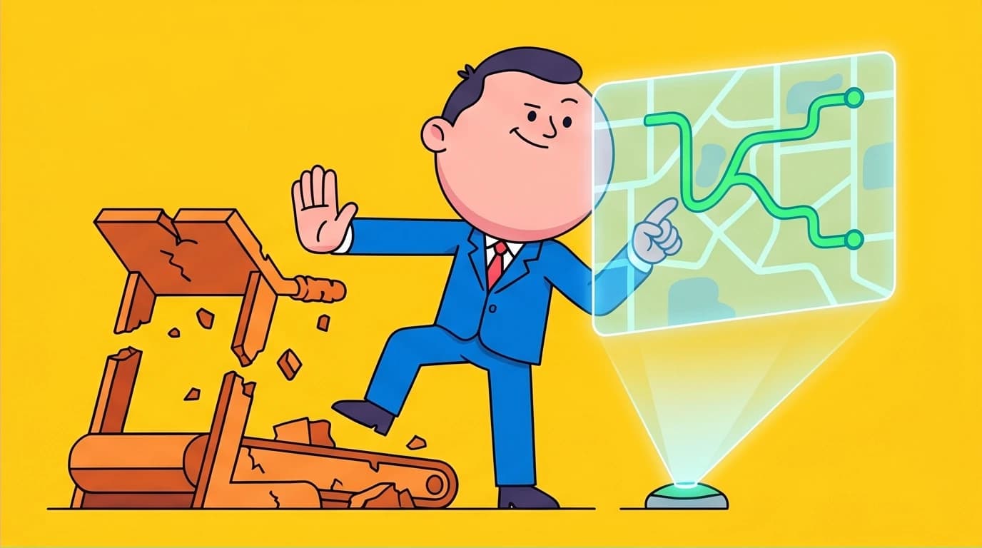 A character pausing to evaluate a glowing map, which represents the 'Evaluate' and 'Readjust' steps of the SMARTER goals framework.