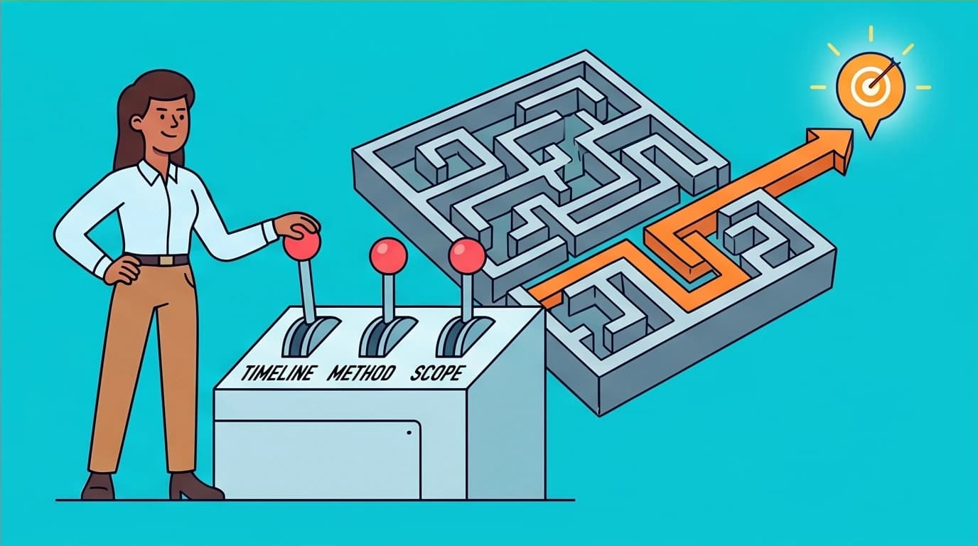 A person using strategic levers for Timeline, Method, and Scope to readjust their goals within the SMARTER goals framework.