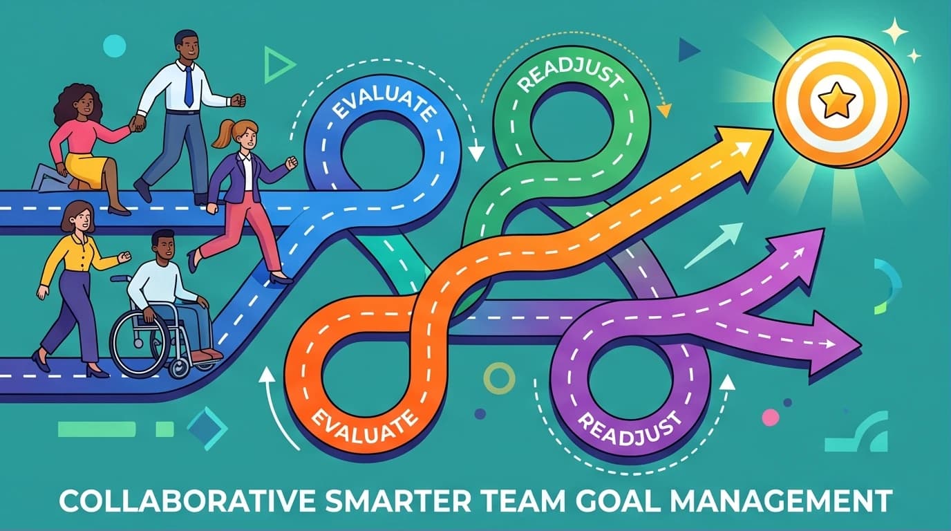 A team follows a flexible path with 'Evaluate' and 'Readjust' points, demonstrating the SMARTER team goal management framework for dynamic KPI tracking.