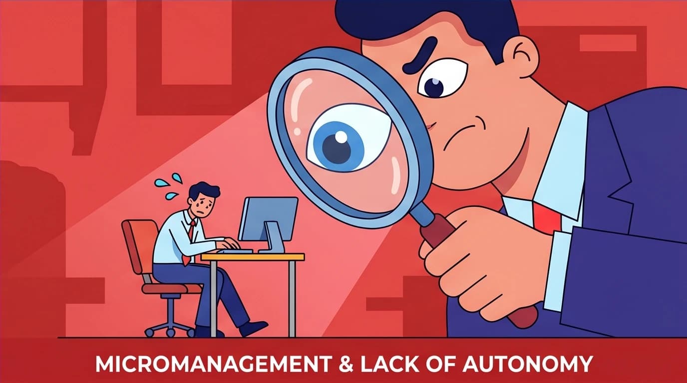An illustration of the micromanagement pitfall in performance evaluation, with a giant manager scrutinizing a small employee, a warning for leadership.