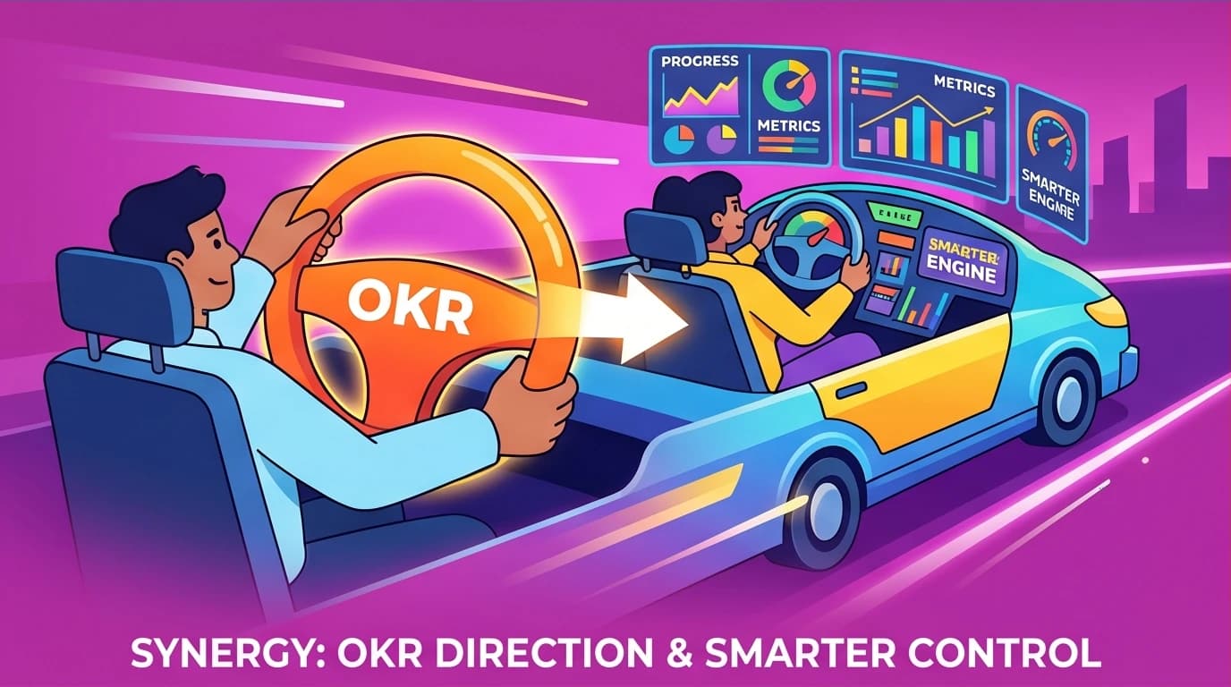 A conceptual vehicle showing the synergy of OKR as a steering wheel and SMARTER as a dashboard, a key concept in modern team goal management.