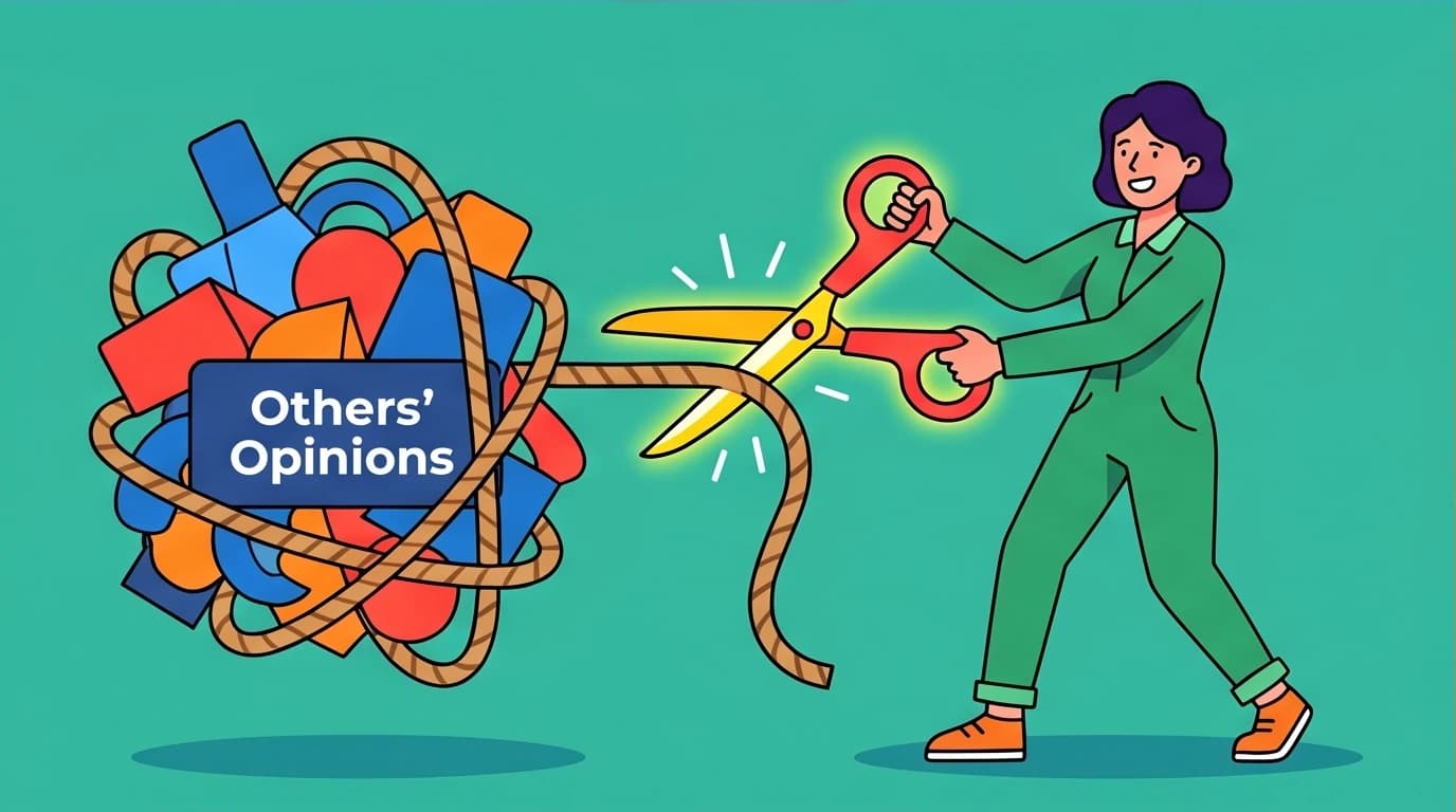 A conceptual illustration of Adlerian psychology's 'separation of tasks', where a person cuts ties with the burden of others' opinions to overcome social anxiety and stop being a pleaser.