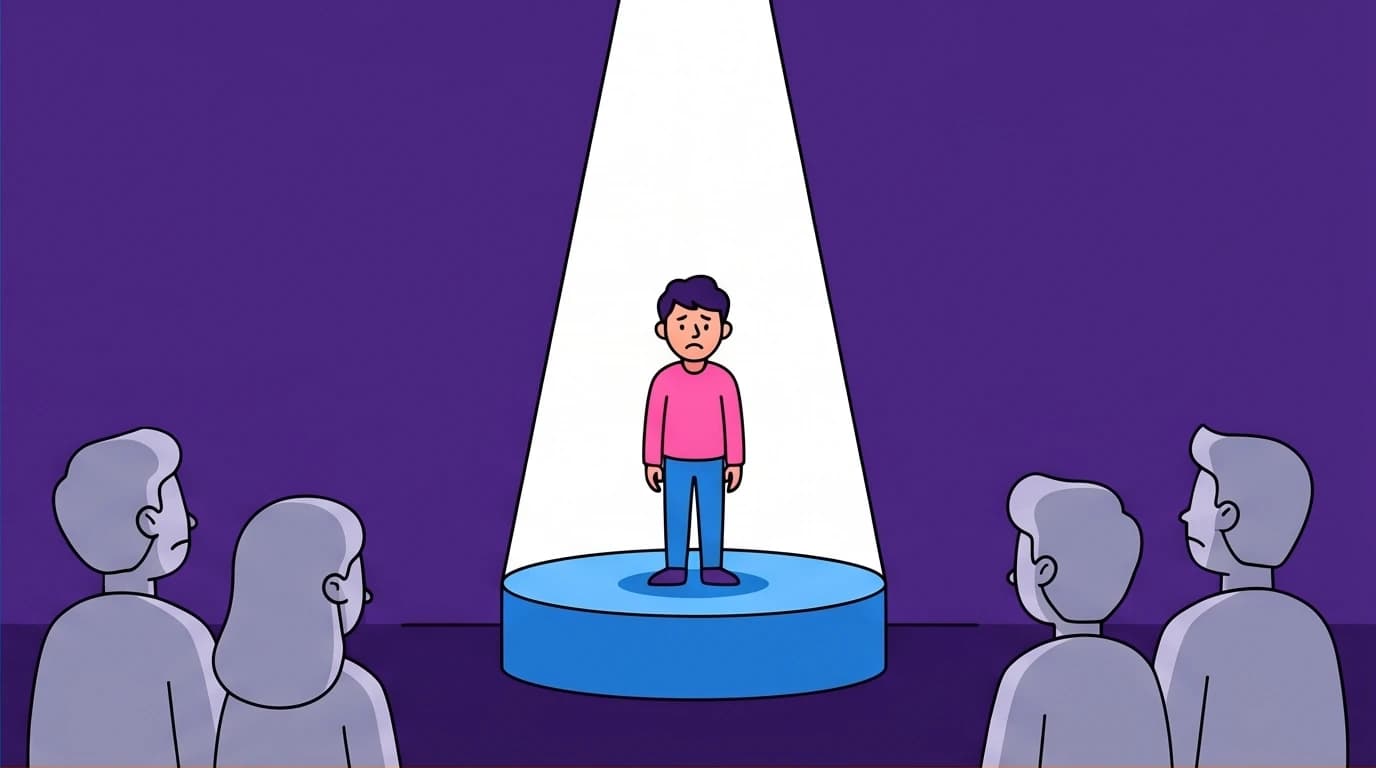 A visual metaphor for the 'imaginary audience' in social anxiety, showing a person under a harsh spotlight while others are completely indifferent, highlighting the brain's over-alert system.