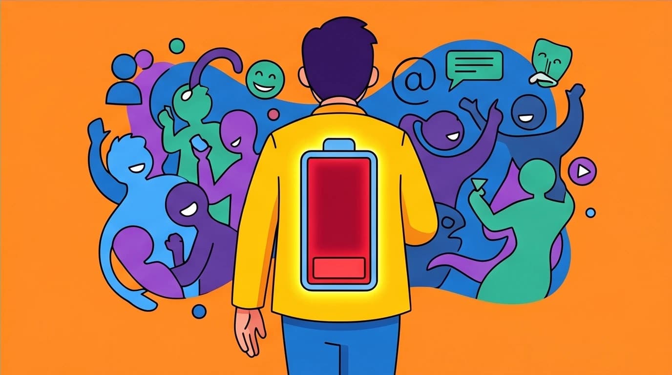 An illustration showing a person with a low social battery draining at a party, symbolizing the social fatigue experienced by highly sensitive people with social anxiety.