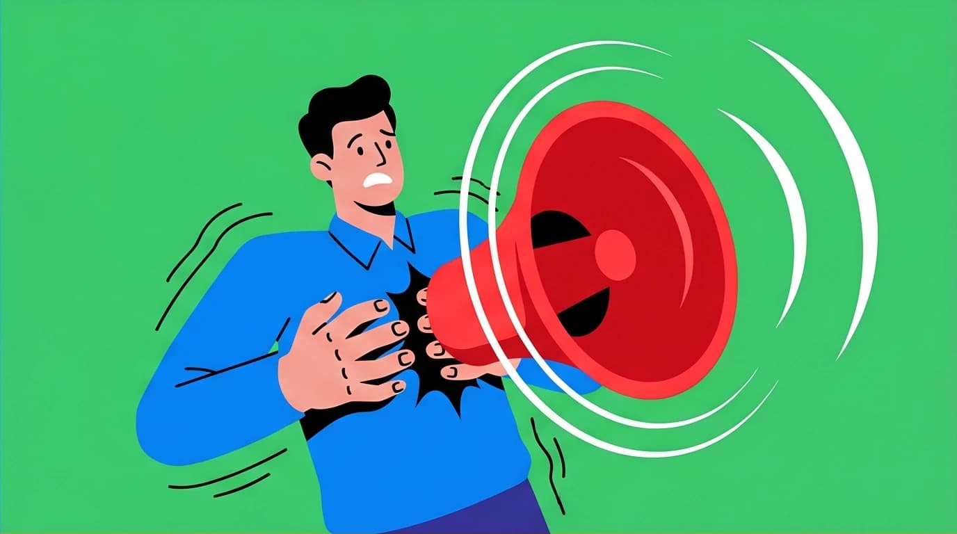 A visual representation of the physical symptoms of social anxiety, with a person's heart shown as a loud alarm bell, indicating a panic response.