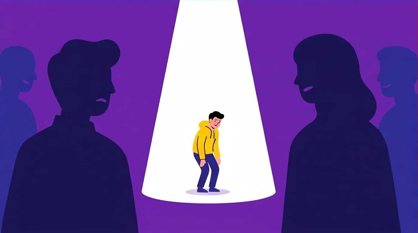 An illustration depicting the 'spotlight effect,' a cognitive symptom of social anxiety where a person feels constantly watched and judged.