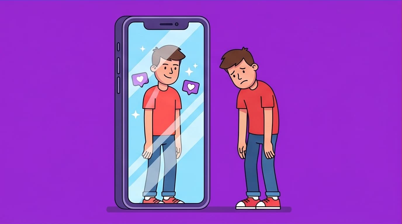 A teen comparing themselves to a perfect, filtered reflection in a smartphone mirror, representing social media's effect on the comparison mindset and body image anxiety.