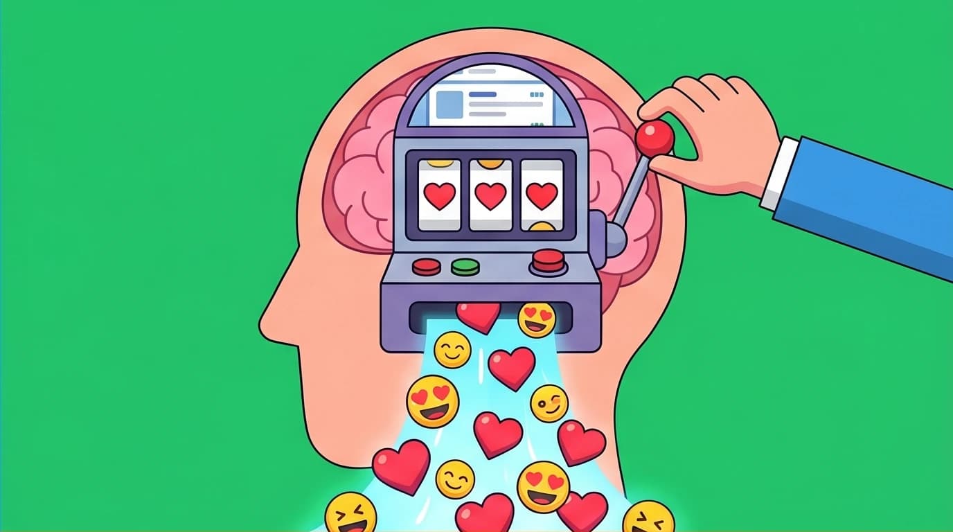 A visual metaphor of the brain as a slot machine, illustrating how social media's dopamine loop and variable rewards affect teenage mental health and cause anxiety.