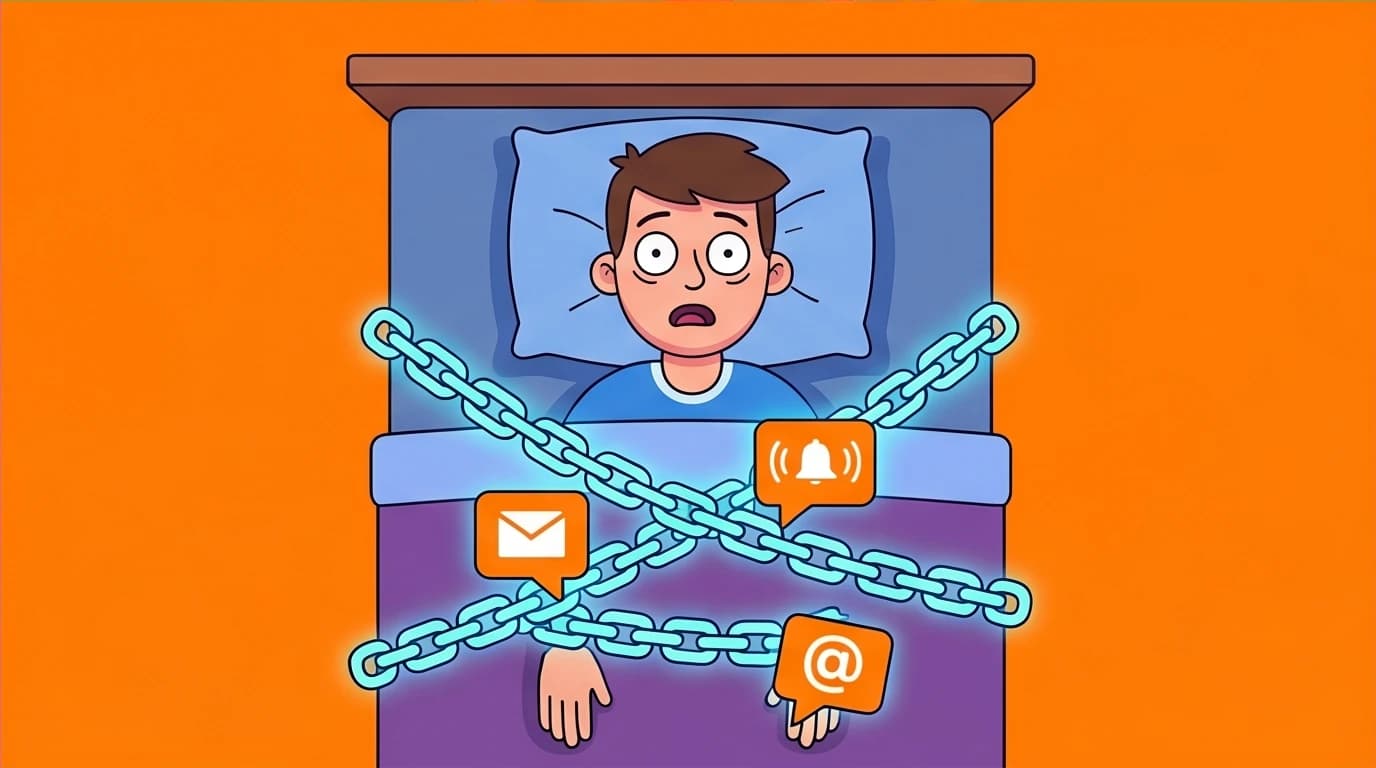An illustration of a teenager trapped in bed by notification icons, visualizing the concept of FOMO (Fear Of Missing Out) and its link to teenage social media anxiety.
