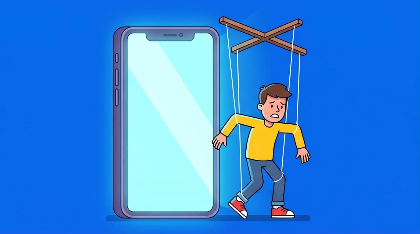 An illustration of a giant smartphone controlling a teenager like a puppet, symbolizing the impact of social media algorithms on teenage anxiety and mental health.