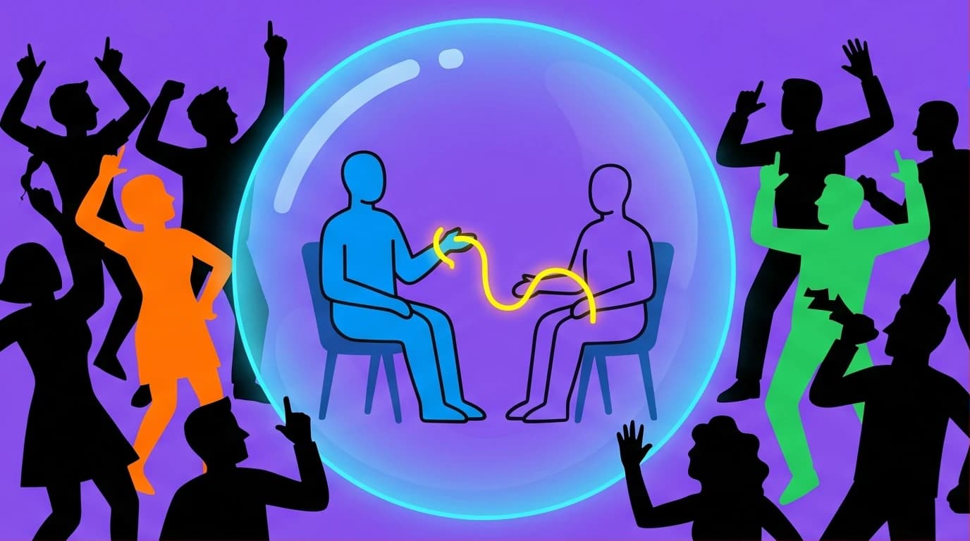 An illustration showing an introvert's social survival guide, with a person finding a meaningful connection in a calm bubble amidst a chaotic party.