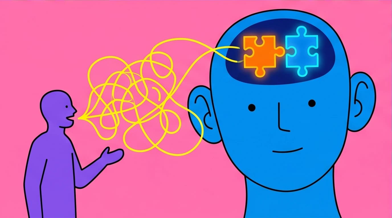 An introvert using their advantage of deep listening to build connections, a powerful social skill where words become understood puzzle pieces.