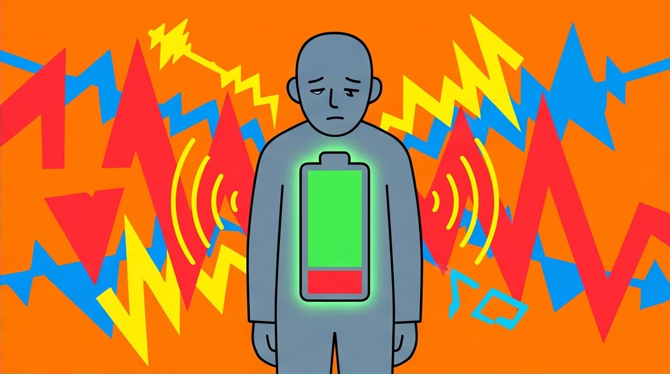 A vector illustration of a person's social battery draining in a crowd, a key concept for introverts managing their social energy.