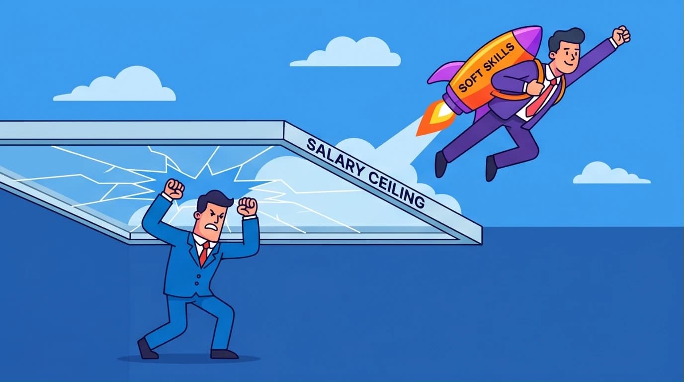 An illustration showing a character breaking through a salary ceiling with the power of workplace soft skills, a key to achieving high income and career growth.