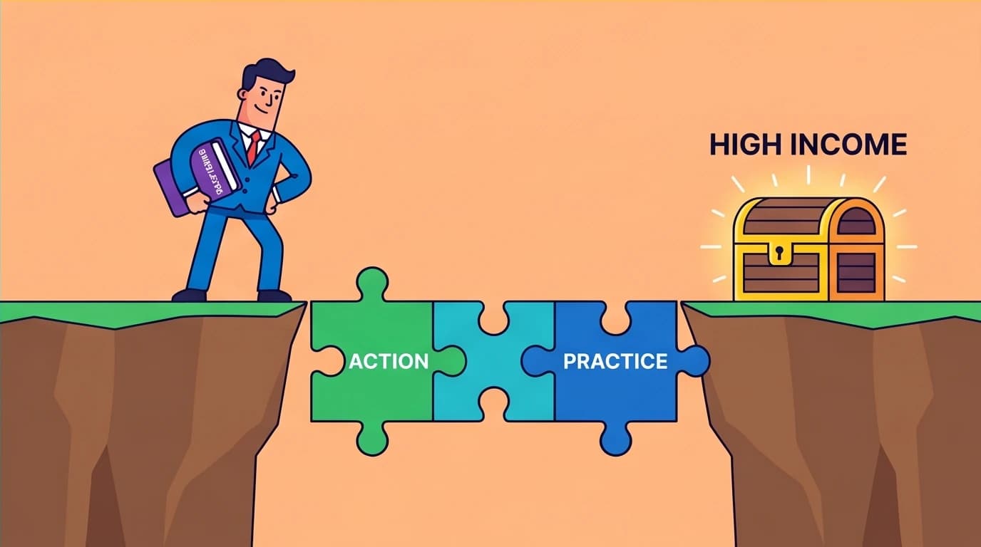 Visual metaphor of a person building a bridge of action to turn knowledge into a high income, emphasizing the importance of soft skills practice.